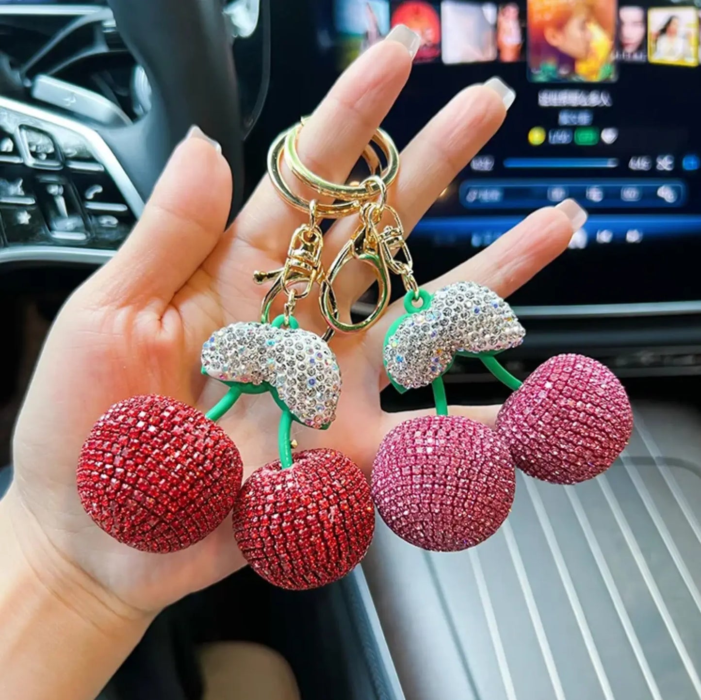 Big cherry keychain Diamond Keychain Bling Key Chains Big Rhinestone Women Bag Car Keys Accessories Fruit Keychain Cherry