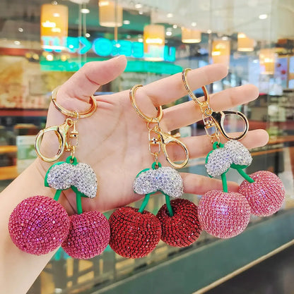 Big cherry keychain Diamond Keychain Bling Key Chains Big Rhinestone Women Bag Car Keys Accessories Fruit Keychain Cherry
