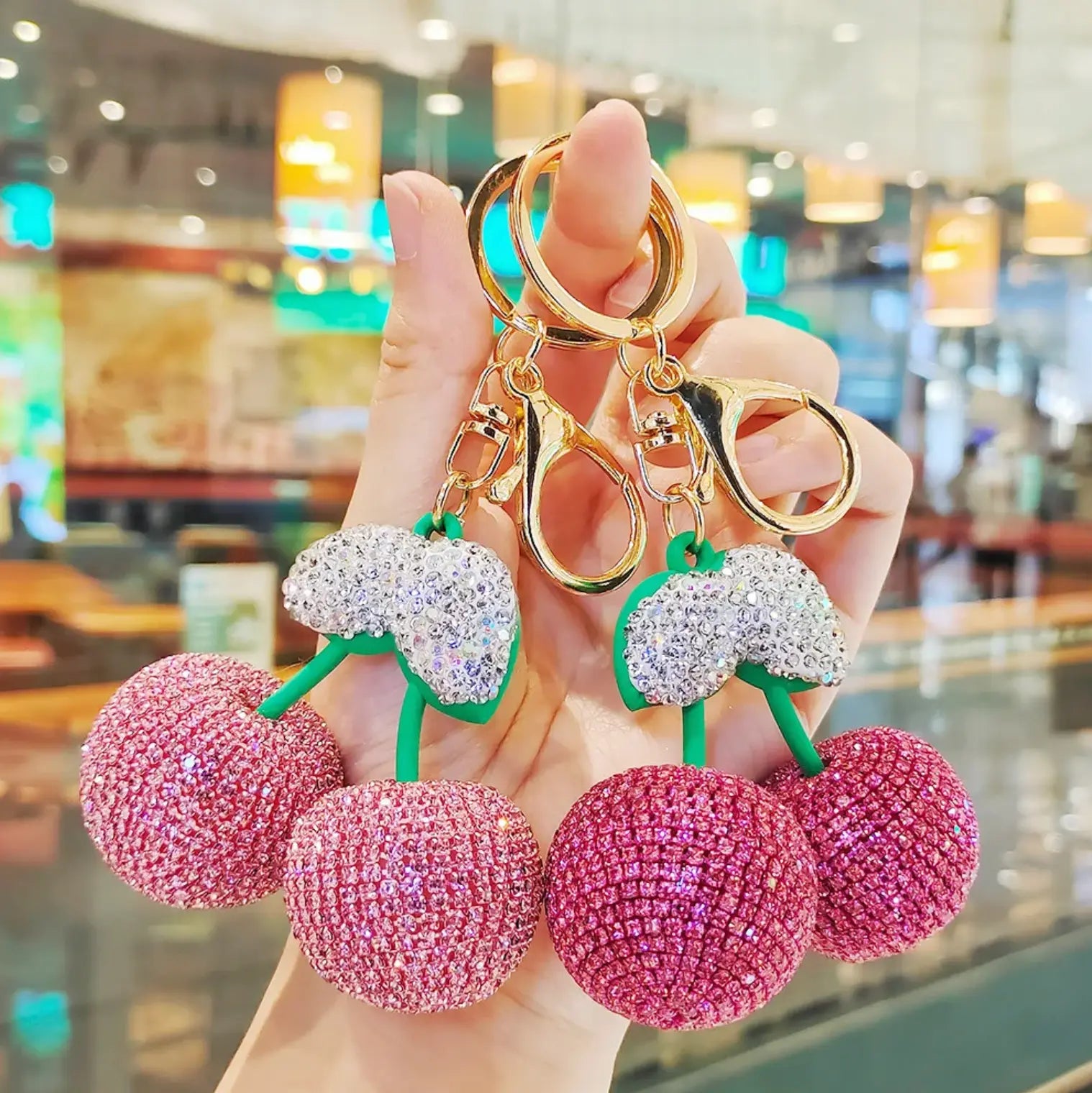 Big cherry keychain Diamond Keychain Bling Key Chains Big Rhinestone Women Bag Car Keys Accessories Fruit Keychain Cherry