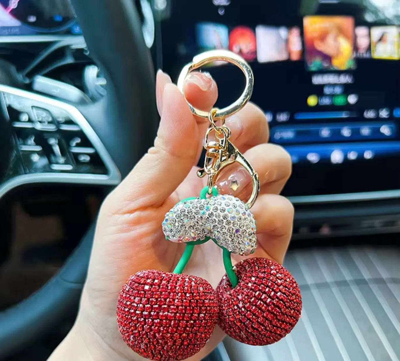 Big cherry keychain Diamond Keychain Bling Key Chains Big Rhinestone Women Bag Car Keys Accessories Fruit Keychain Cherry