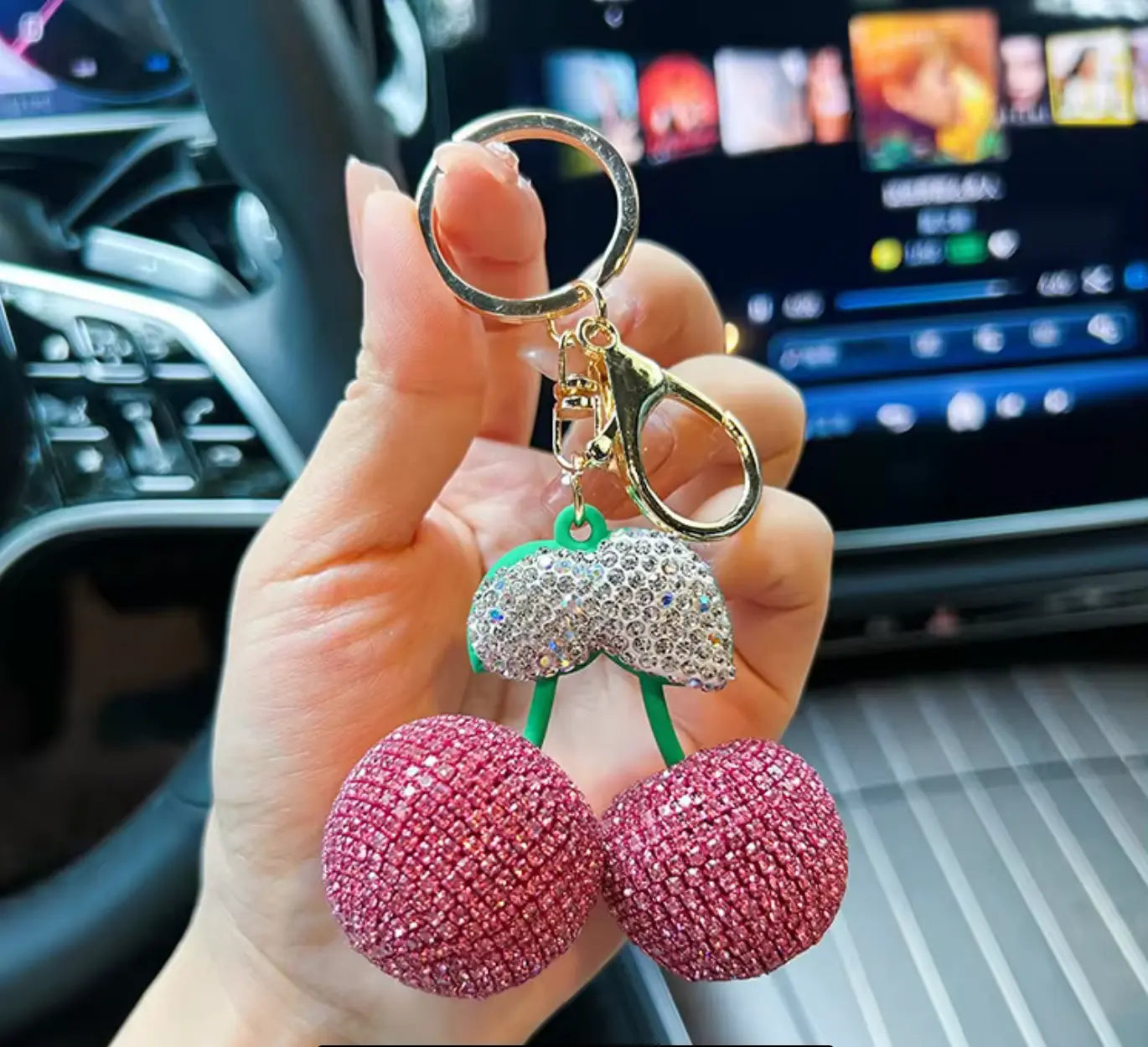 Big cherry keychain Diamond Keychain Bling Key Chains Big Rhinestone Women Bag Car Keys Accessories Fruit Keychain Cherry