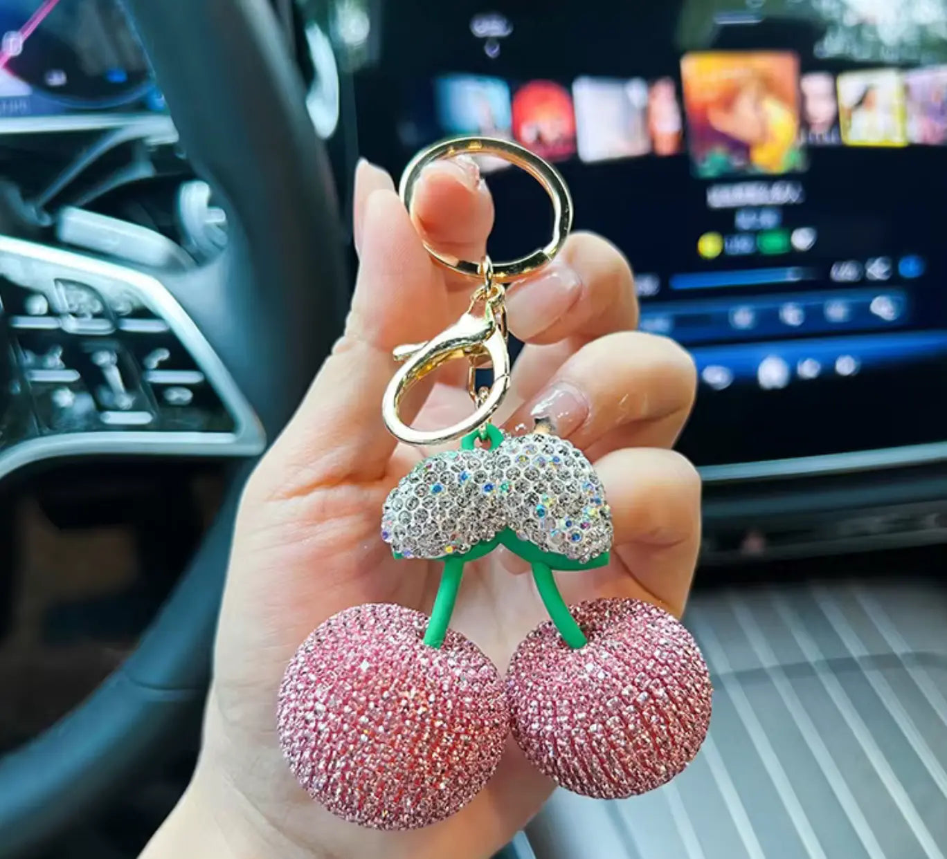 Big cherry keychain Diamond Keychain Bling Key Chains Big Rhinestone Women Bag Car Keys Accessories Fruit Keychain Cherry