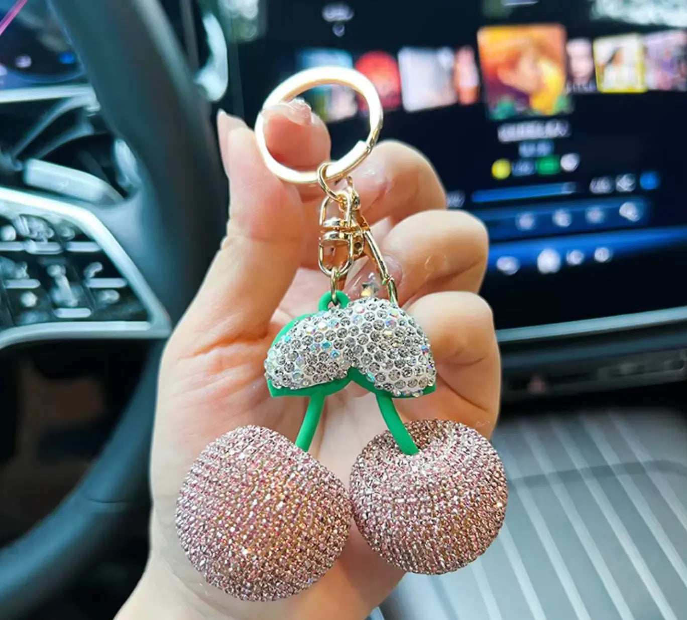 Big cherry keychain Diamond Keychain Bling Key Chains Big Rhinestone Women Bag Car Keys Accessories Fruit Keychain Cherry