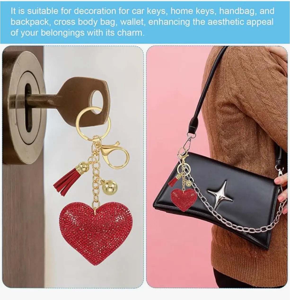 Fendiz Glitter Keychain Premium Crystal Tassel Key Chain Leather Bag Charm