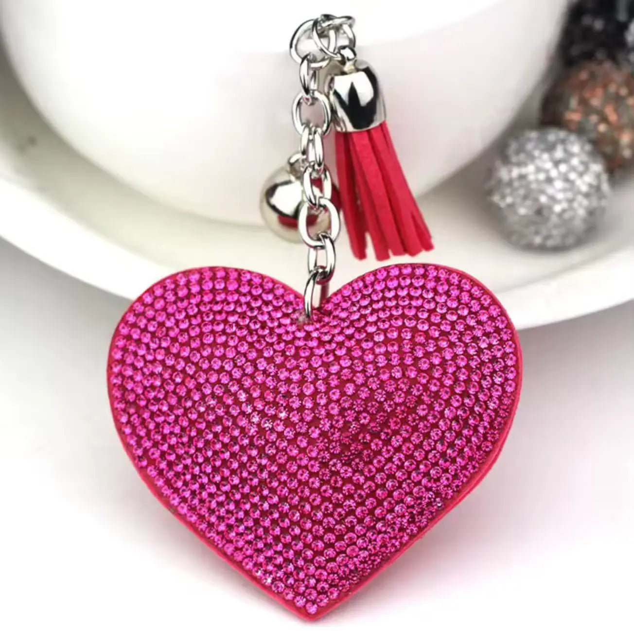 Fendiz Glitter Keychain Premium Crystal Tassel Key Chain Leather Bag Charm