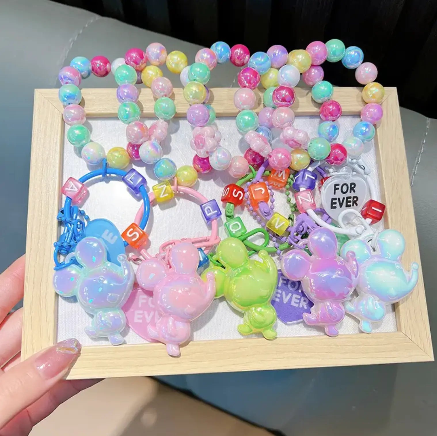 Color beaded Acrylic keychains Couple Bag KeyChains Electroplated Mouse