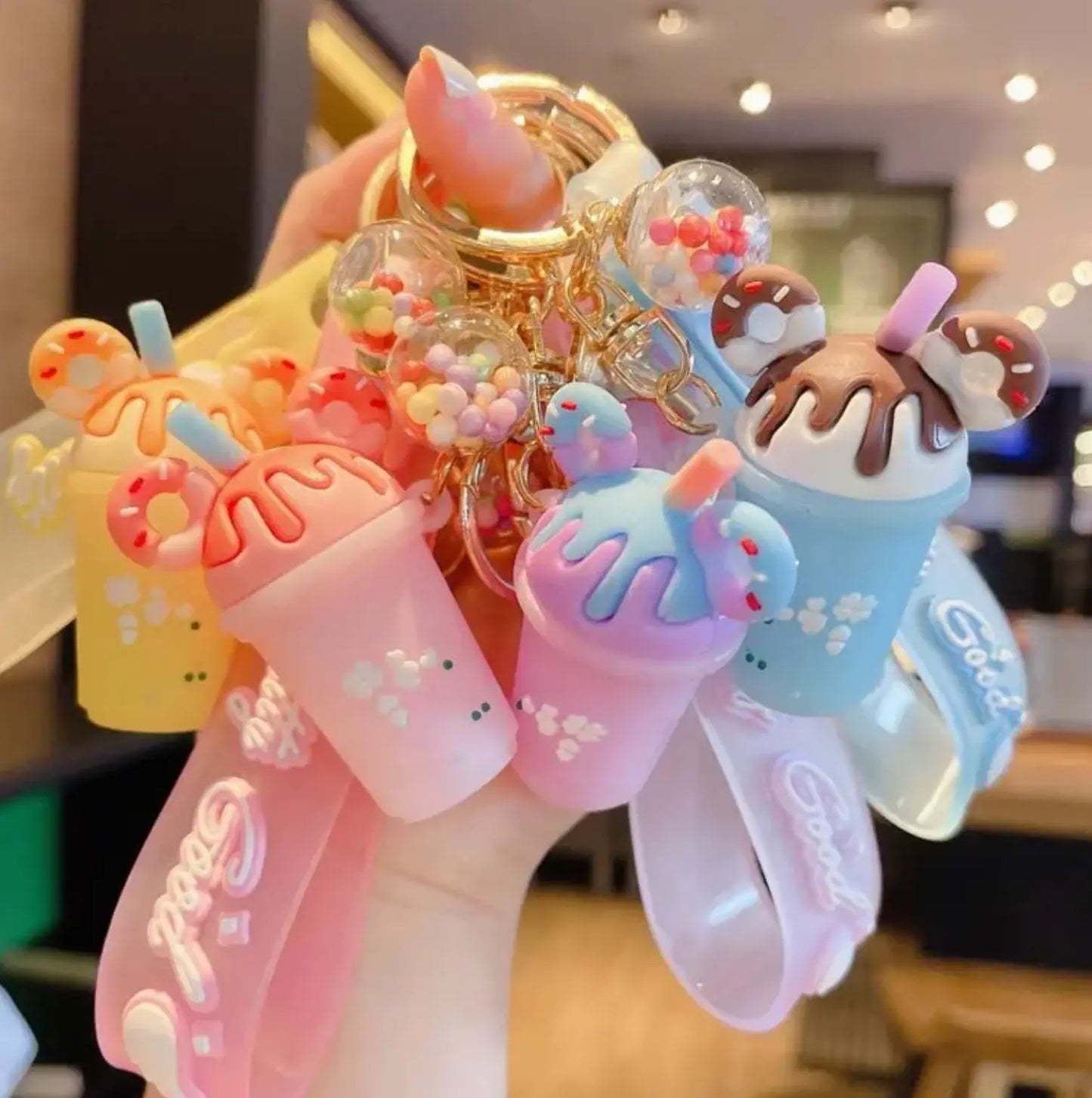 New Bag PVC Decorative Keychains with Wrist Strap 3D Milk Tea Cup Bottle Doughnut