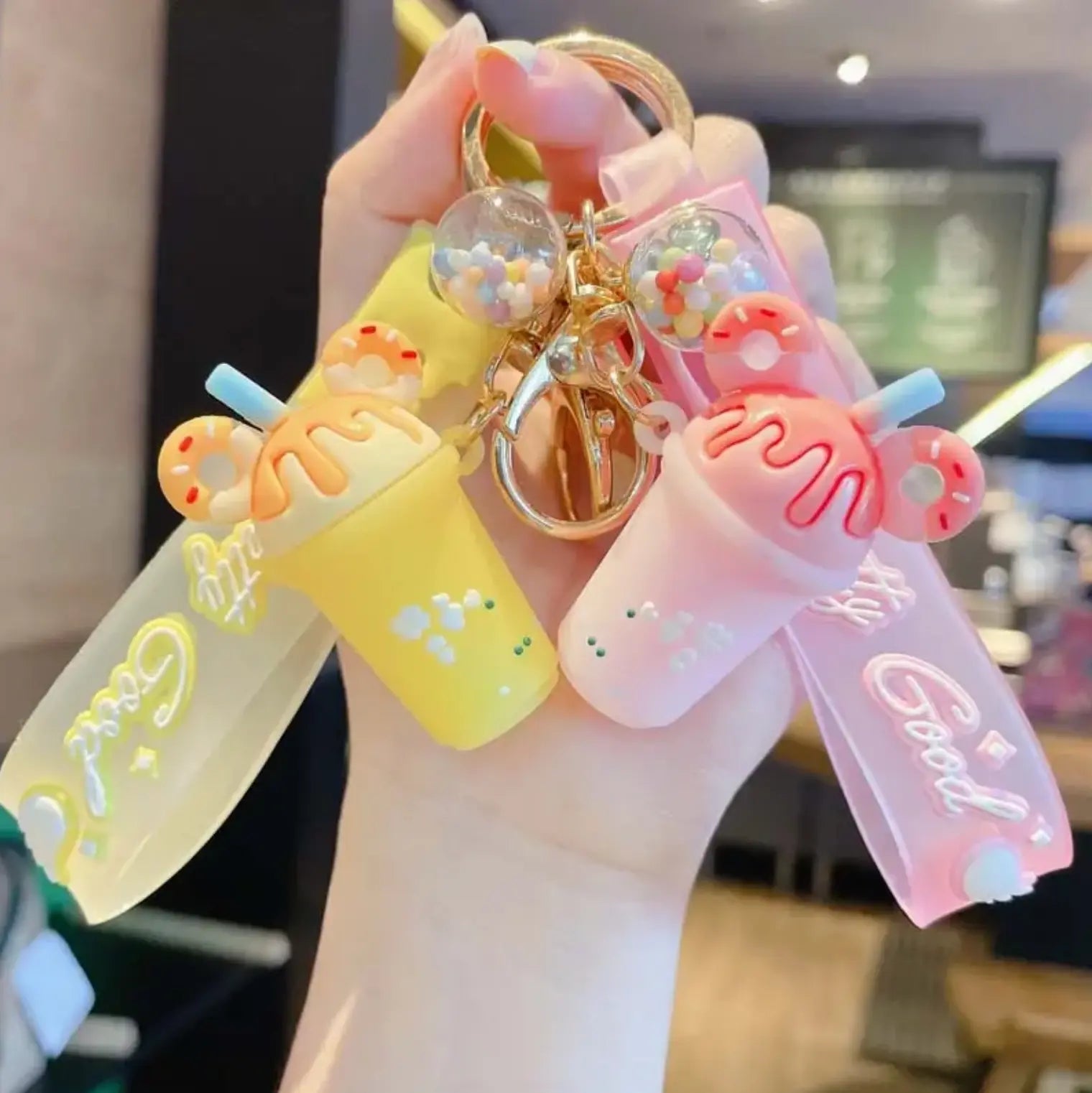 New Bag PVC Decorative Keychains with Wrist Strap 3D Milk Tea Cup Bottle Doughnut