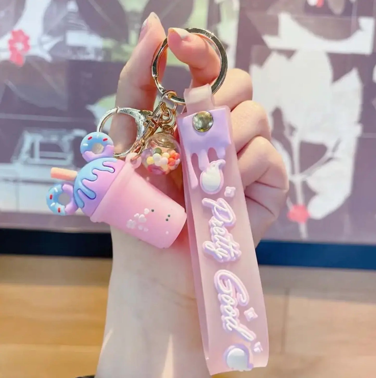 New Bag PVC Decorative Keychains with Wrist Strap 3D Milk Tea Cup Bottle Doughnut