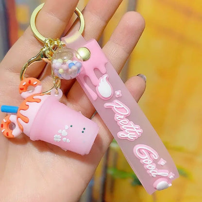 New Bag PVC Decorative Keychains with Wrist Strap 3D Milk Tea Cup Bottle Doughnut