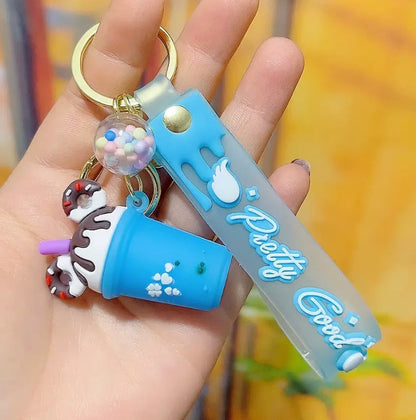 New Bag PVC Decorative Keychains with Wrist Strap 3D Milk Tea Cup Bottle Doughnut