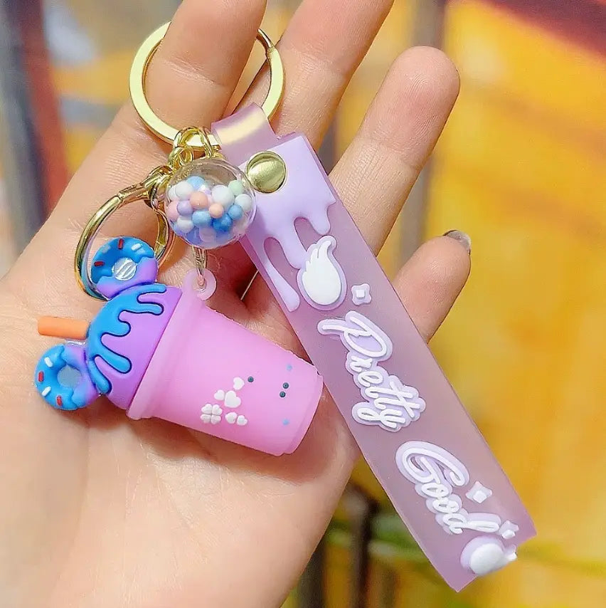 New Bag PVC Decorative Keychains with Wrist Strap 3D Milk Tea Cup Bottle Doughnut