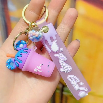 New Bag PVC Decorative Keychains with Wrist Strap 3D Milk Tea Cup Bottle Doughnut