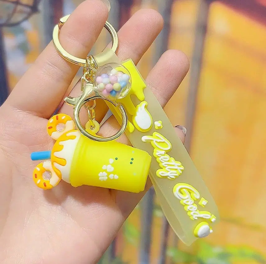 New Bag PVC Decorative Keychains with Wrist Strap 3D Milk Tea Cup Bottle Doughnut