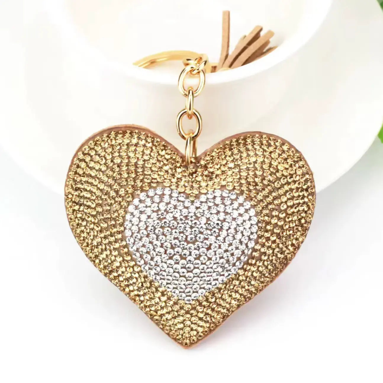 New Fendiz Fashionable two-color heart-shaped tassel rhinestone keychain