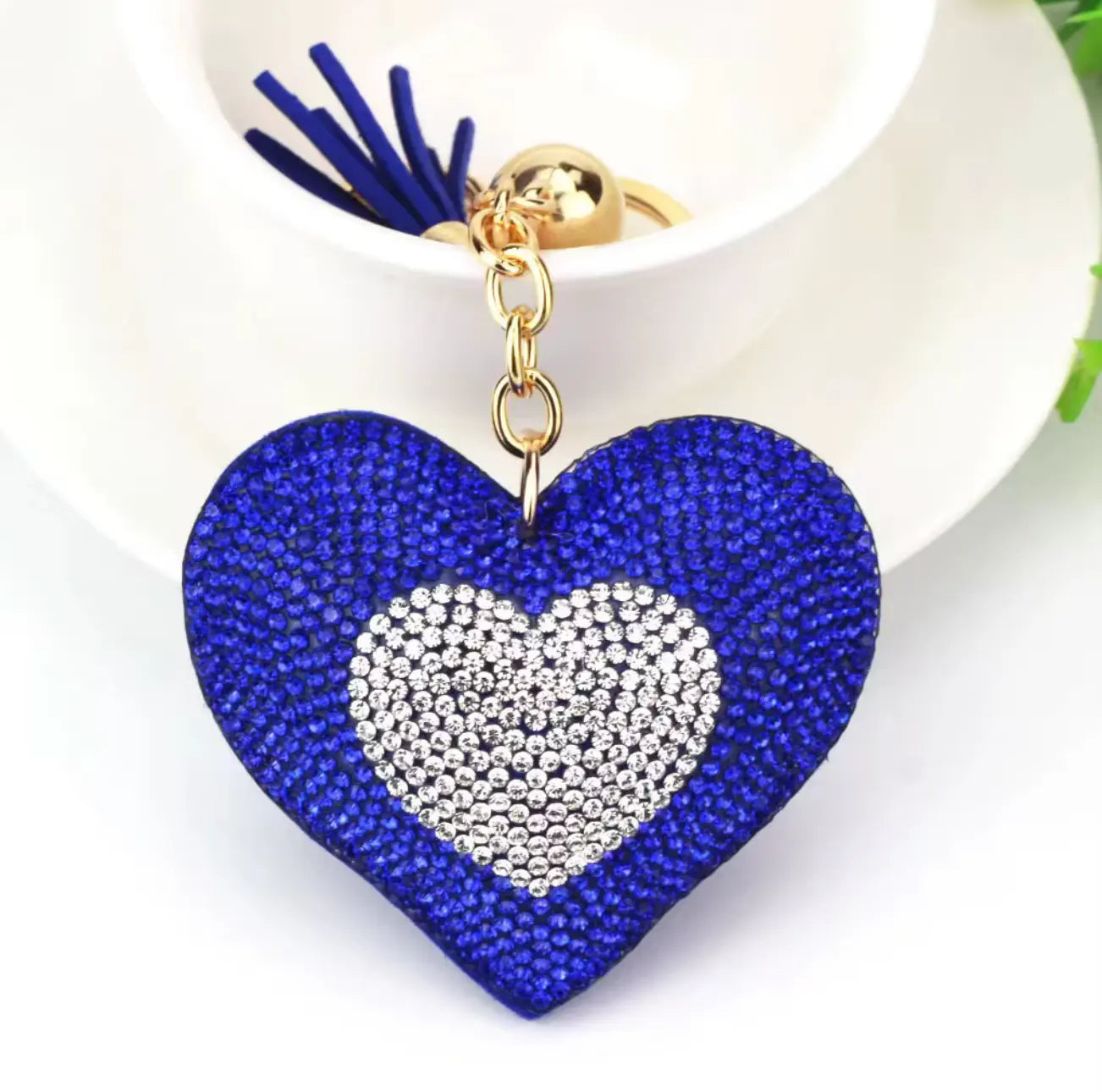New Fendiz Fashionable two-color heart-shaped tassel rhinestone keychain