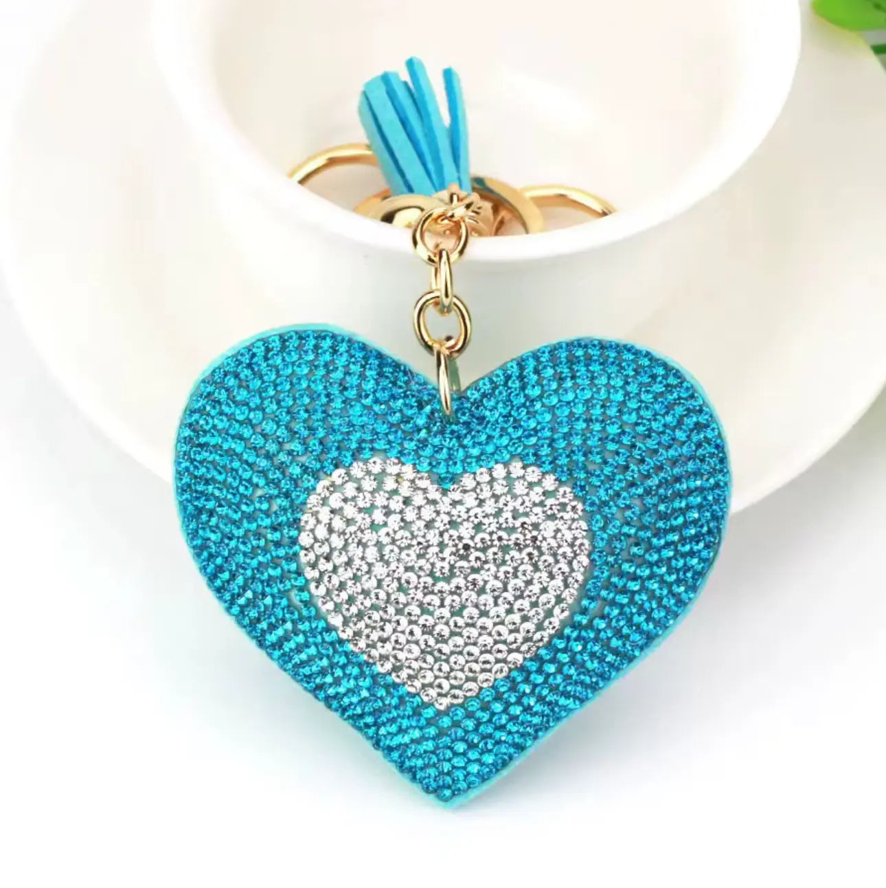 New Fendiz Fashionable two-color heart-shaped tassel rhinestone keychain