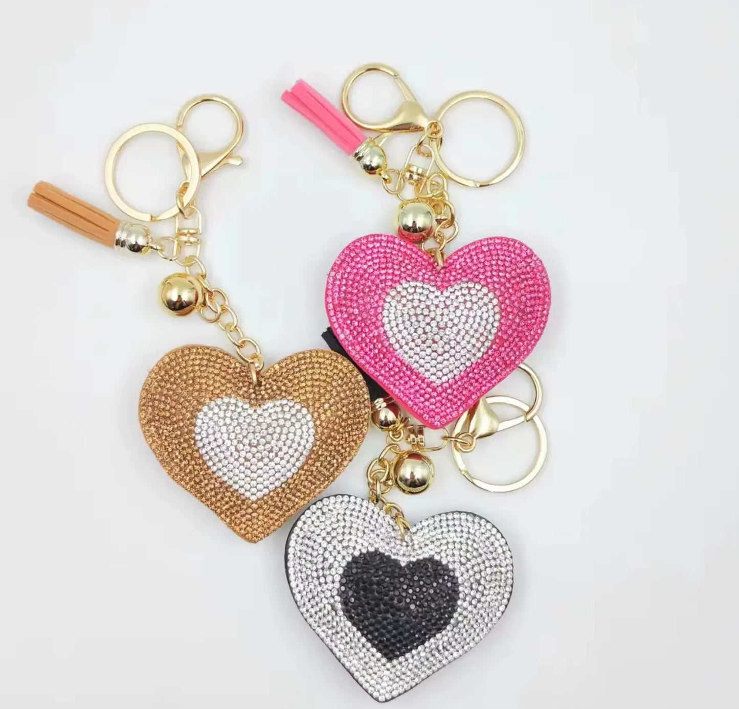 New Fendiz Fashionable two-color heart-shaped tassel rhinestone keychain