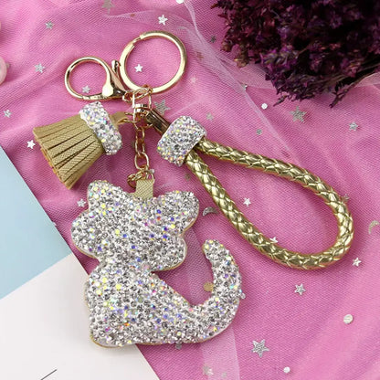 Rhinestones Keyring Girls Tassel Bag Charms Diamond PU Leather Cat Design
