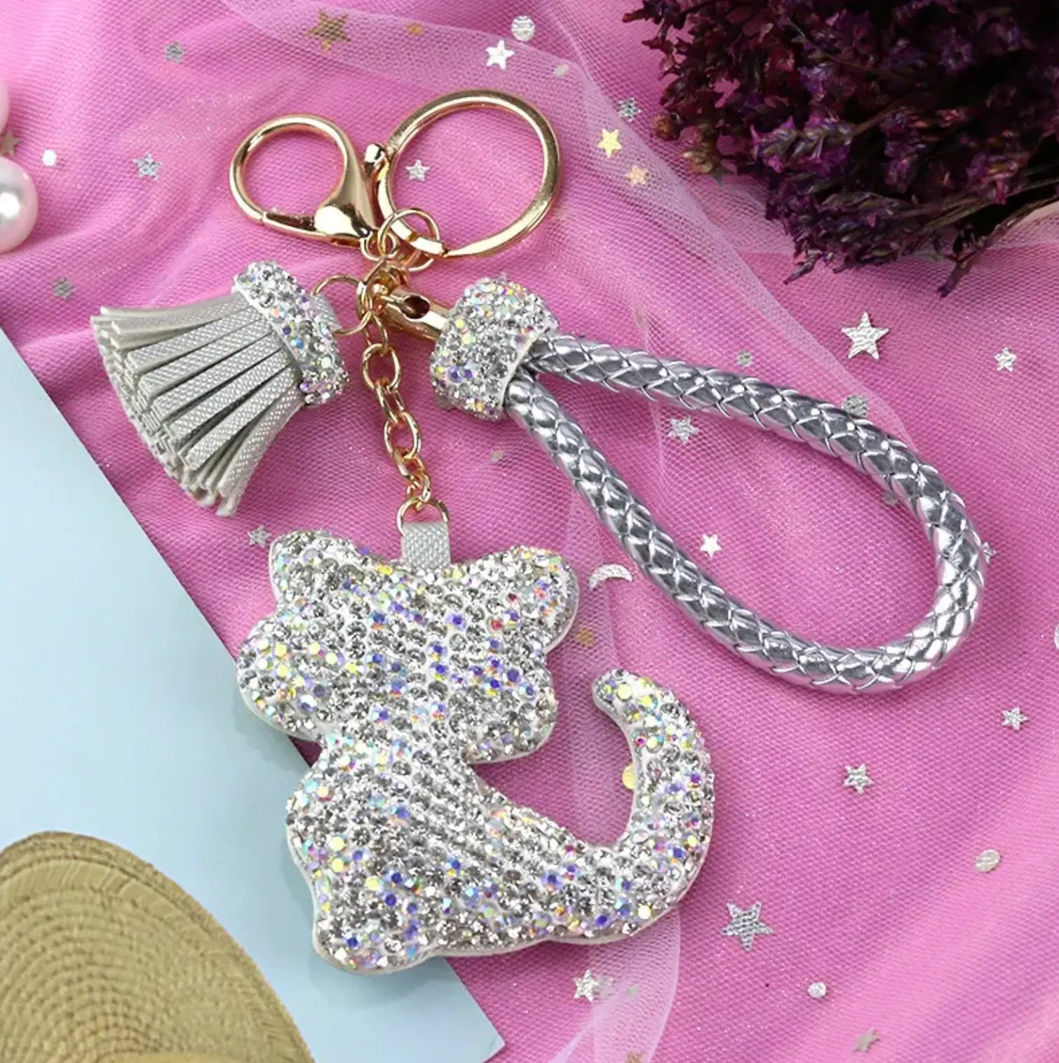 Rhinestones Keyring Girls Tassel Bag Charms Diamond PU Leather Cat Design