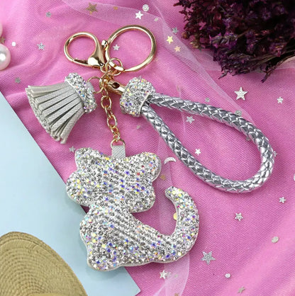 Rhinestones Keyring Girls Tassel Bag Charms Diamond PU Leather Cat Design