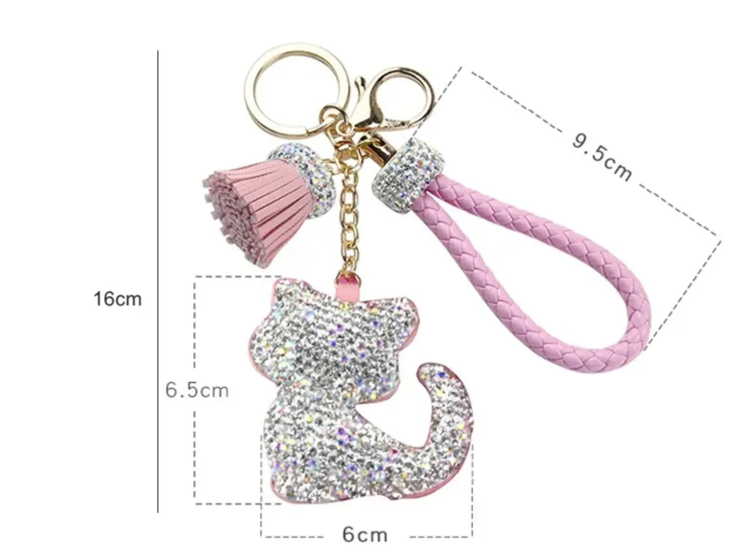 Rhinestones Keyring Girls Tassel Bag Charms Diamond PU Leather Cat Design