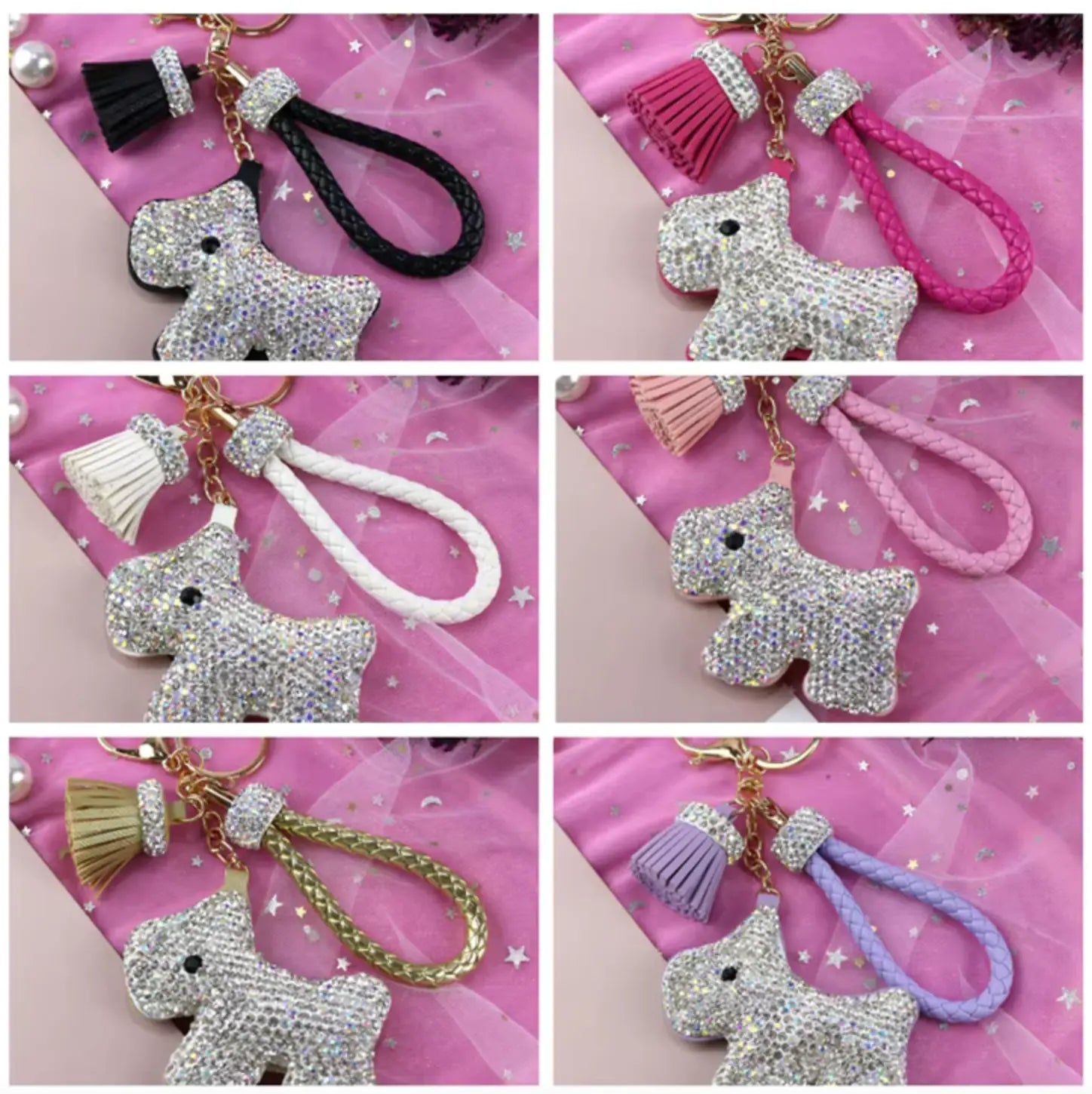 Rhinestones Girls Tassel Bag Charms Diamond Car PU Leather Cat, Dog, Heart Design Keychains