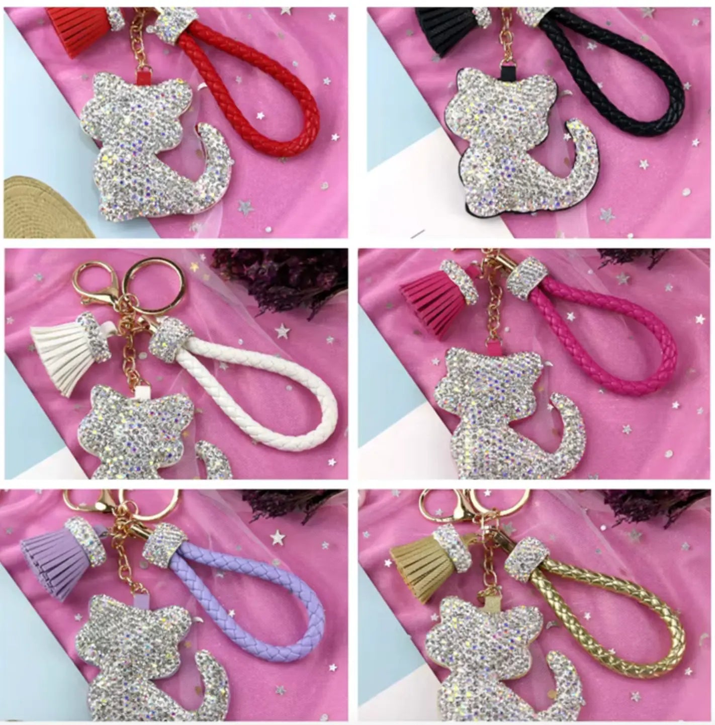 Rhinestones Girls Tassel Bag Charms Diamond Car PU Leather Cat, Dog, Heart Design Keychains