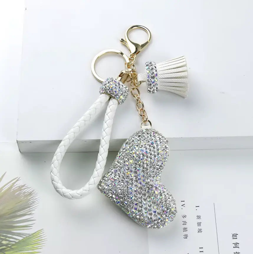 Rhinestones Girls Tassel Bag Charms Diamond Car PU Leather Cat, Dog, Heart Design Keychains