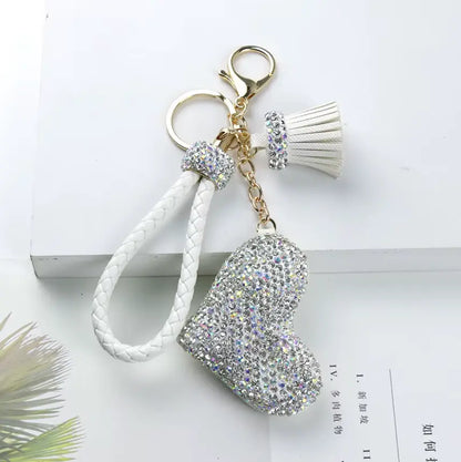 Rhinestones Girls Tassel Bag Charms Diamond Car PU Leather Cat, Dog, Heart Design Keychains