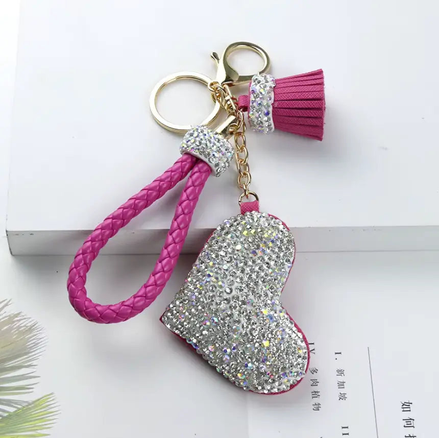 Rhinestones Girls Tassel Bag Charms Diamond Car PU Leather Cat, Dog, Heart Design Keychains