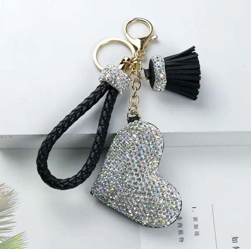 Rhinestones Girls Tassel Bag Charms Diamond Car PU Leather Cat, Dog, Heart Design Keychains
