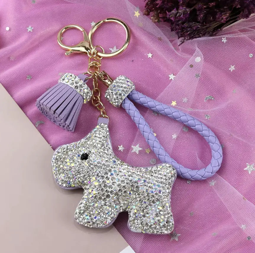 Rhinestones Girls Tassel Bag Charms Diamond Car PU Leather Cat, Dog, Heart Design Keychains