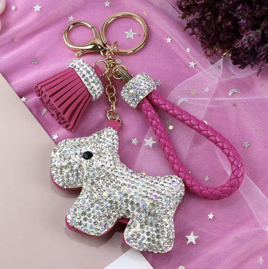 Rhinestones Girls Tassel Bag Charms Diamond Car PU Leather Cat, Dog, Heart Design Keychains