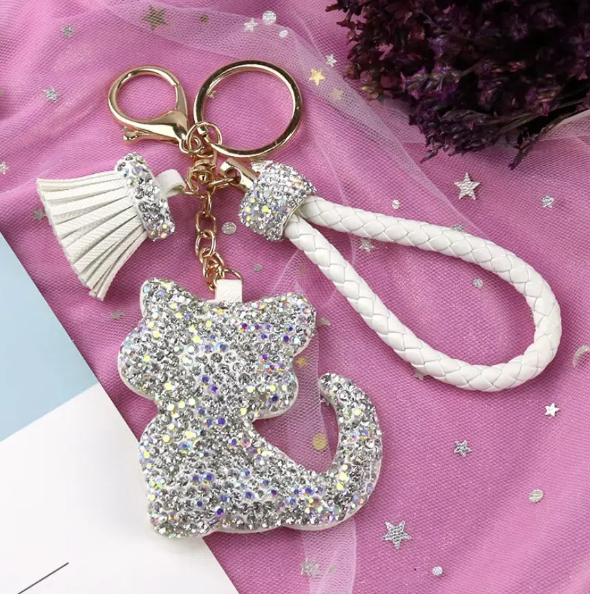 Rhinestones Girls Tassel Bag Charms Diamond Car PU Leather Cat, Dog, Heart Design Keychains