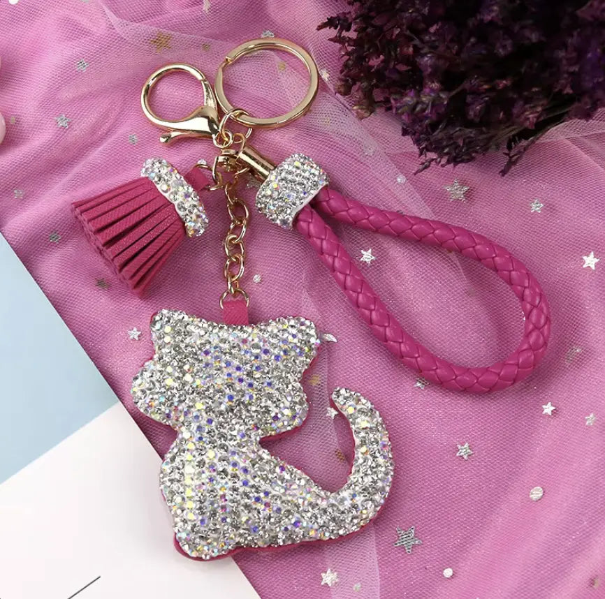 Rhinestones Girls Tassel Bag Charms Diamond Car PU Leather Cat, Dog, Heart Design Keychains