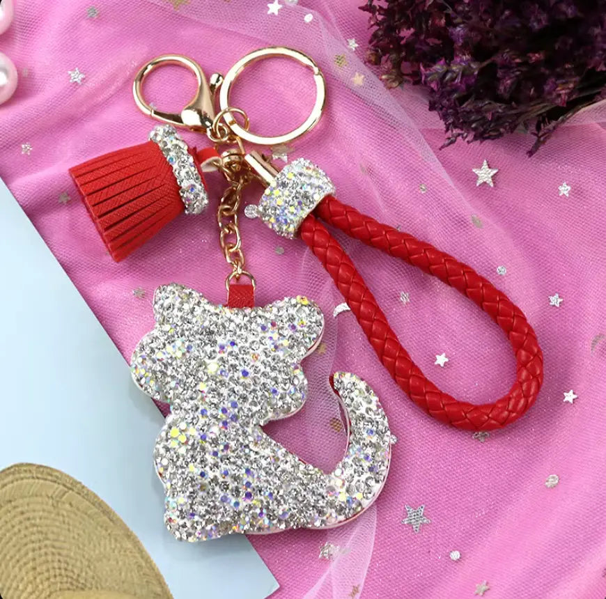 Rhinestones Girls Tassel Bag Charms Diamond Car PU Leather Cat, Dog, Heart Design Keychains