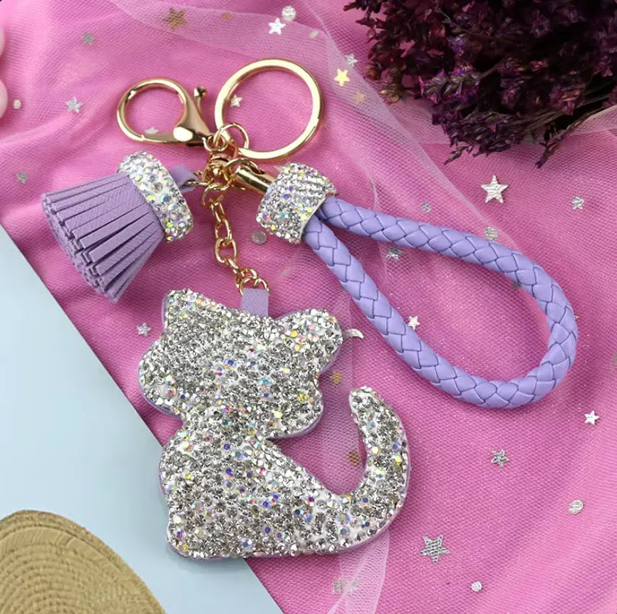Rhinestones Girls Tassel Bag Charms Diamond Car PU Leather Cat, Dog, Heart Design Keychains