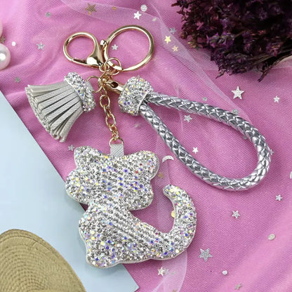Rhinestones Girls Tassel Bag Charms Diamond Car PU Leather Cat, Dog, Heart Design Keychains