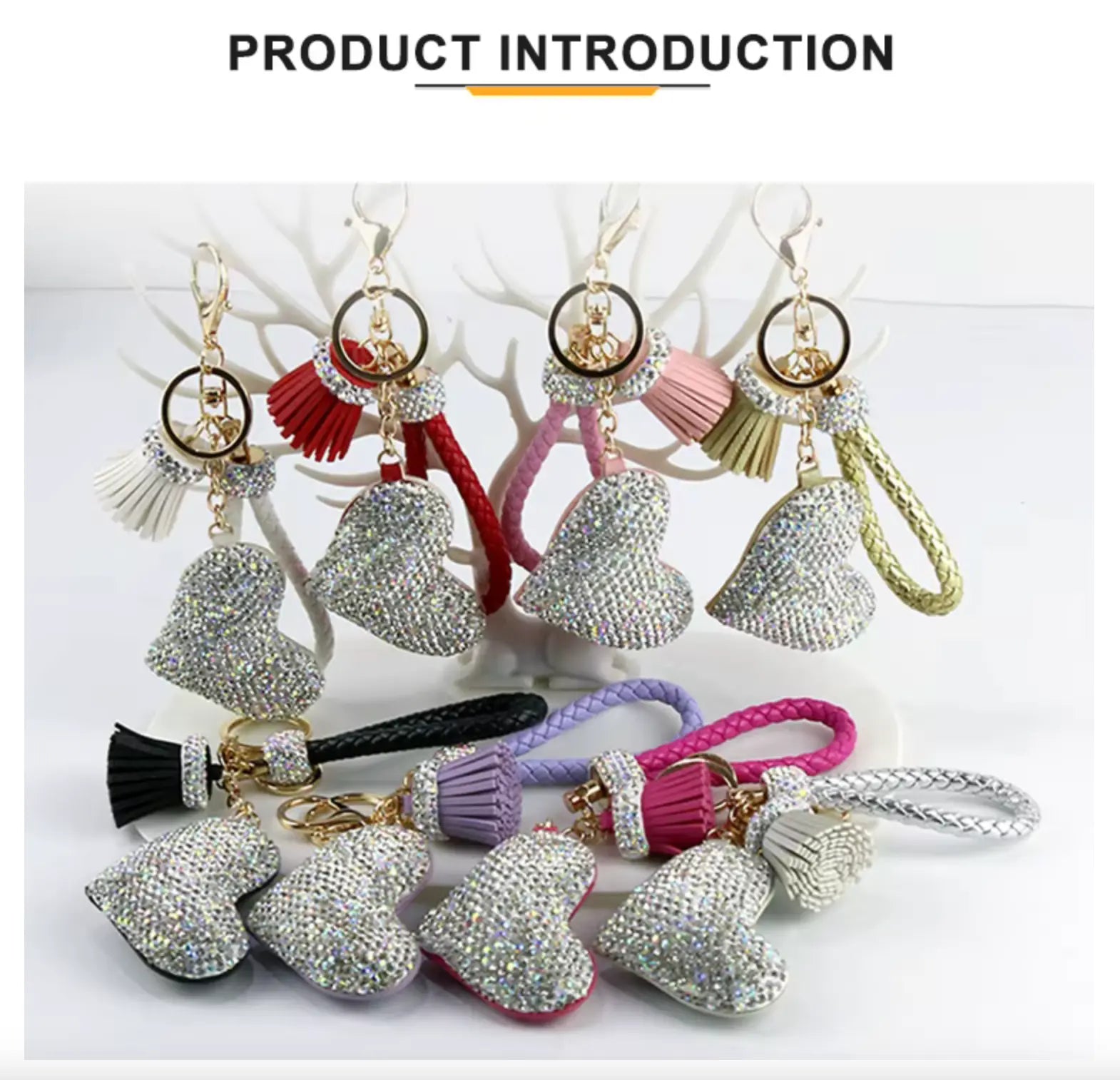 Rhinestones Girls Tassel Bag Charms Diamond Car PU Leather Cat, Dog, Heart Design Keychains