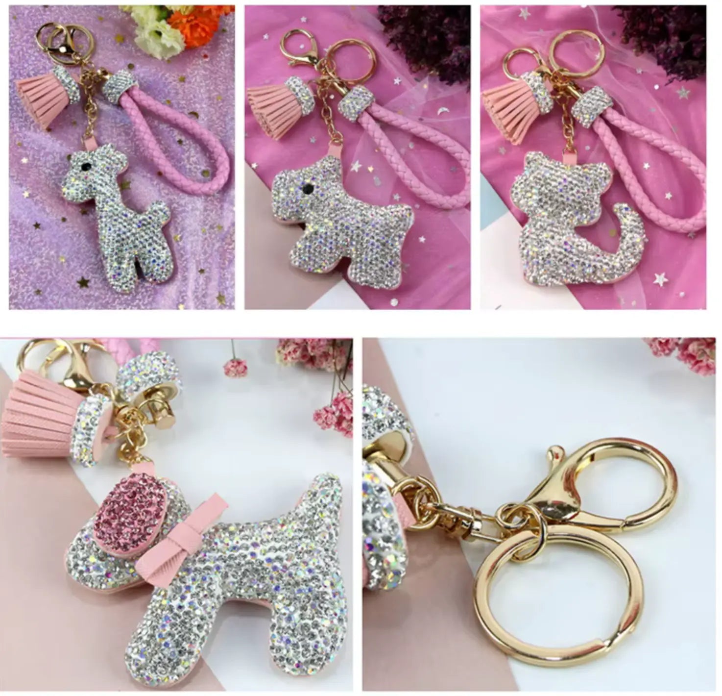 Rhinestones Girls Tassel Bag Charms Diamond Car PU Leather Cat, Dog, Heart Design Keychains