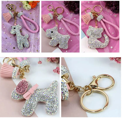 Rhinestones Girls Tassel Bag Charms Diamond Car PU Leather Cat, Dog, Heart Design Keychains