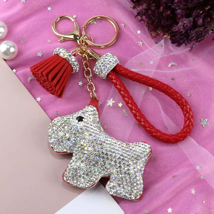 Rhinestones Girls Tassel Bag Charms Diamond Car PU Leather Cat, Dog, Heart Design Keychains