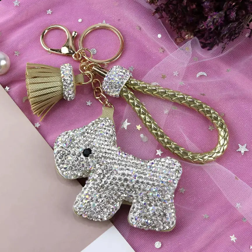 Rhinestones Girls Tassel Bag Charms Diamond Car PU Leather Cat, Dog, Heart Design Keychains
