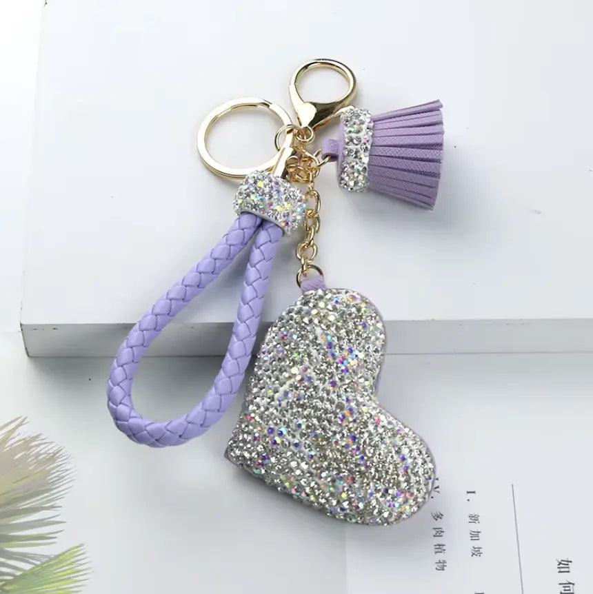 Rhinestones Girls Tassel Bag Charms Diamond Car PU Leather Cat, Dog, Heart Design Keychains