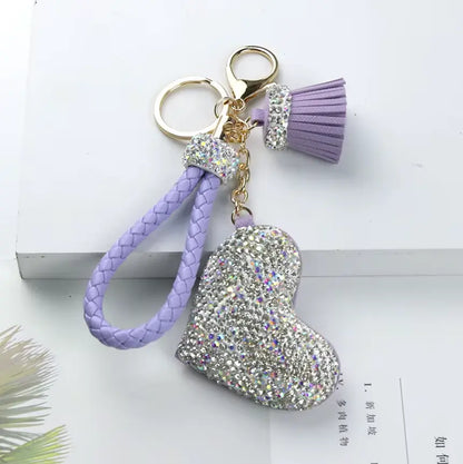 Rhinestones Girls Tassel Bag Charms Diamond Car PU Leather Cat, Dog, Heart Design Keychains