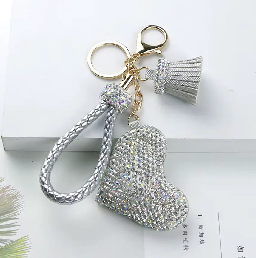 Rhinestones Girls Tassel Bag Charms Diamond Car PU Leather Cat, Dog, Heart Design Keychains