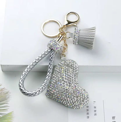 Rhinestones Girls Tassel Bag Charms Diamond Car PU Leather Cat, Dog, Heart Design Keychains