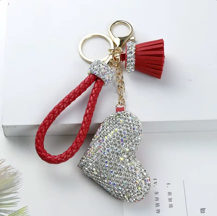 Rhinestones Girls Tassel Bag Charms Diamond Car PU Leather Cat, Dog, Heart Design Keychains