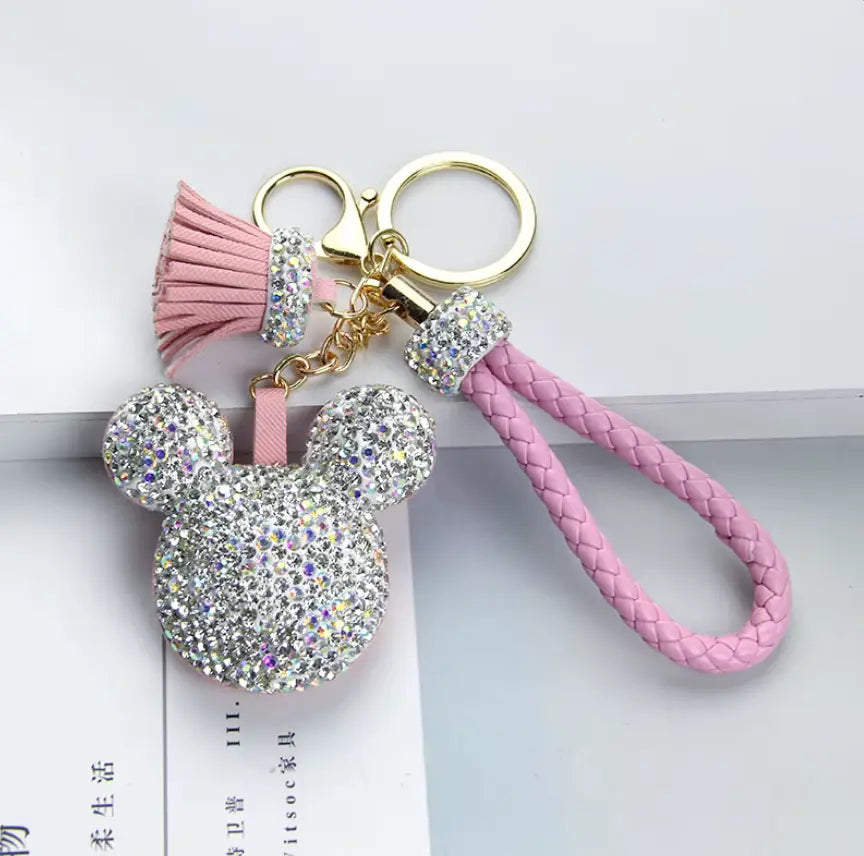 Rhinestones Girls Tassel Bag Charms Diamond Car PU Leather Cat, Dog, Heart Design Keychains